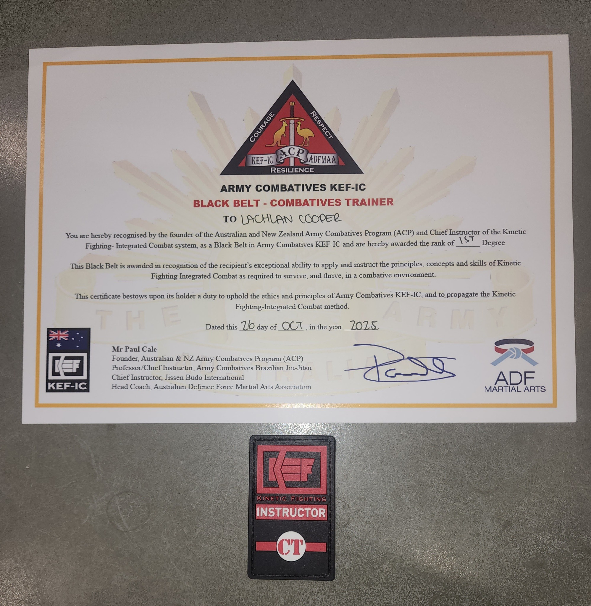 KEF-IC Army Combatives 1st Degree certificate