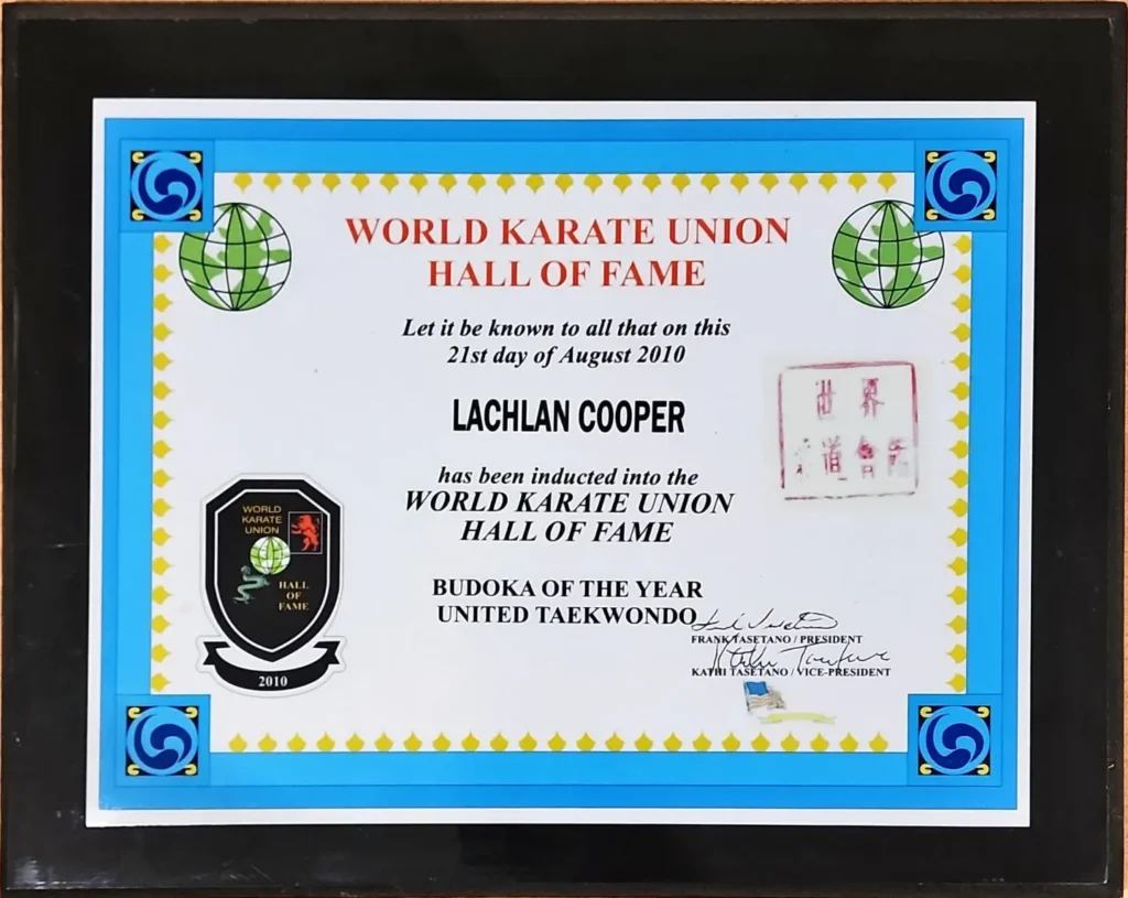 World Karate Hall Of Fame Certificate Lachlan Cooper